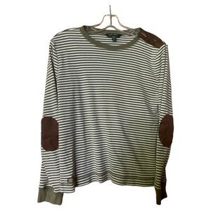 Lauren Ralph Lauren Striped Elbow Patch LS Raglan Tee XL Equestrian Green White‎